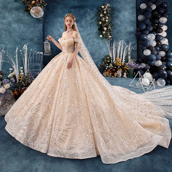 Bling Bling Champagne Wedding Dresses 2019 Ball Gown Off-The-Shoulder Short Sleeve Backless Appliques Lace Sequins Glitter Tulle Chapel Train Ruffle