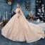 Bling Bling Champagne Wedding Dresses 2019 Ball Gown Off-The-Shoulder Short Sleeve Backless Appliques Lace Sequins Glitter Tulle Chapel Train Ruffle