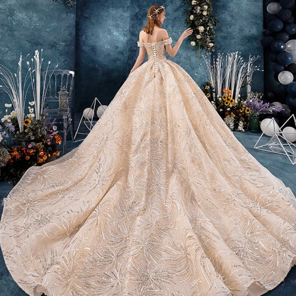 Bling Bling Champagne Wedding Dresses 2019 Ball Gown Off-The-Shoulder Short Sleeve Backless Appliques Lace Sequins Glitter Tulle Chapel Train Ruffle