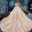 Bling Bling Champagne Wedding Dresses 2019 Ball Gown Off-The-Shoulder Short Sleeve Backless Appliques Lace Sequins Glitter Tulle Chapel Train Ruffle