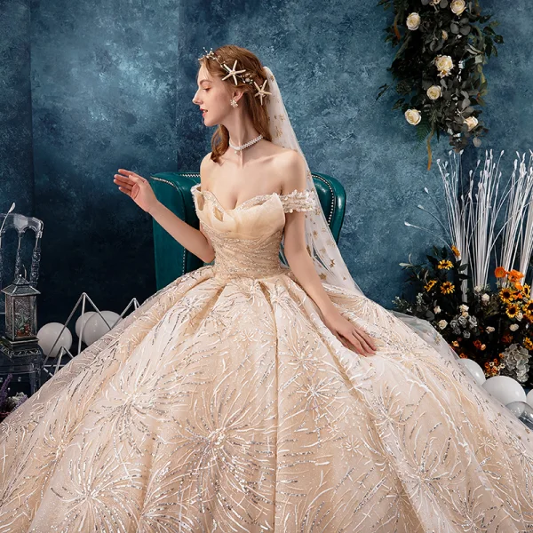 Bling Bling Champagne Wedding Dresses 2019 Ball Gown Off-The-Shoulder Short Sleeve Backless Appliques Lace Sequins Glitter Tulle Chapel Train Ruffle