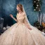 Bling Bling Champagne Wedding Dresses 2019 Ball Gown Off-The-Shoulder Short Sleeve Backless Appliques Lace Sequins Glitter Tulle Chapel Train Ruffle
