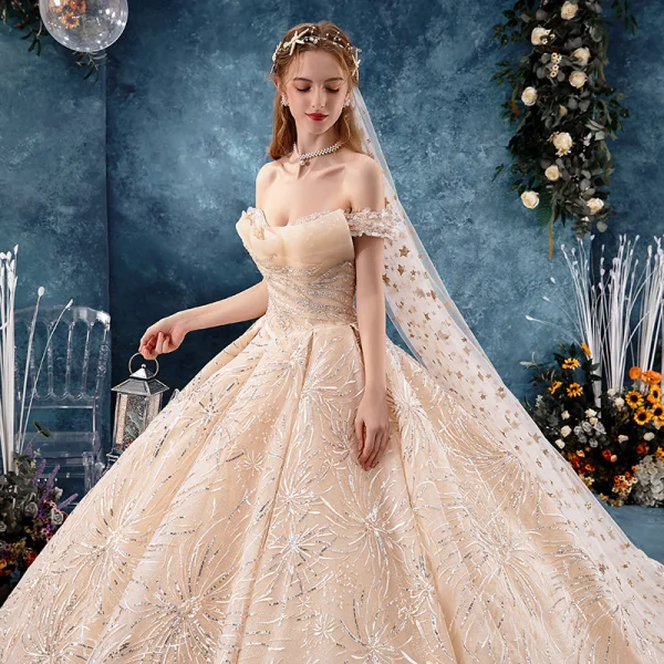Bling Bling Champagne Wedding Dresses 2019 Ball Gown Off-The-Shoulder Short Sleeve Backless Appliques Lace Sequins Glitter Tulle Chapel Train Ruffle