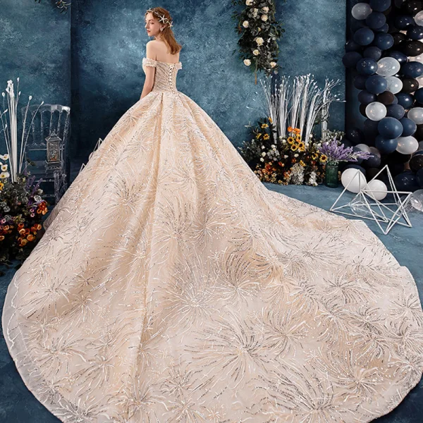 Bling Bling Champagne Wedding Dresses 2019 Ball Gown Off-The-Shoulder Short Sleeve Backless Appliques Lace Sequins Glitter Tulle Chapel Train Ruffle