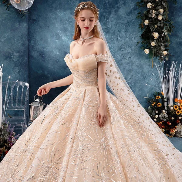 Bling Bling Champagne Wedding Dresses 2019 Ball Gown Off-The-Shoulder Short Sleeve Backless Appliques Lace Sequins Glitter Tulle Chapel Train Ruffle