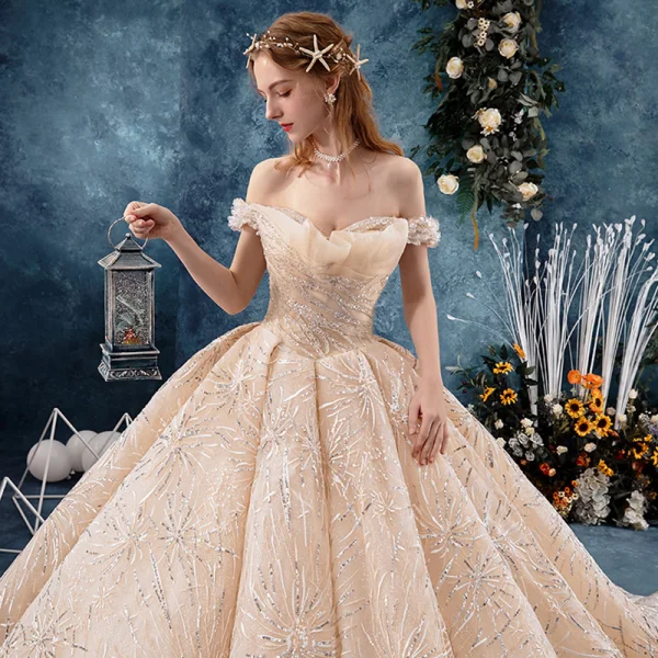 Bling Bling Champagne Wedding Dresses 2019 Ball Gown Off-The-Shoulder Short Sleeve Backless Appliques Lace Sequins Glitter Tulle Chapel Train Ruffle