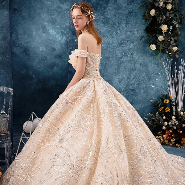 Bling Bling Champagne Wedding Dresses 2019 Ball Gown Off-The-Shoulder Short Sleeve Backless Appliques Lace Sequins Glitter Tulle Chapel Train Ruffle