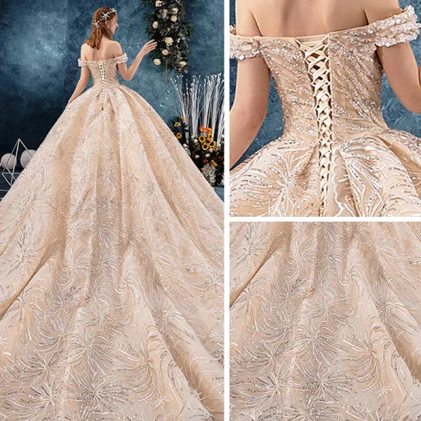 Bling Bling Champagne Wedding Dresses 2019 Ball Gown Off-The-Shoulder Short Sleeve Backless Appliques Lace Sequins Glitter Tulle Chapel Train Ruffle