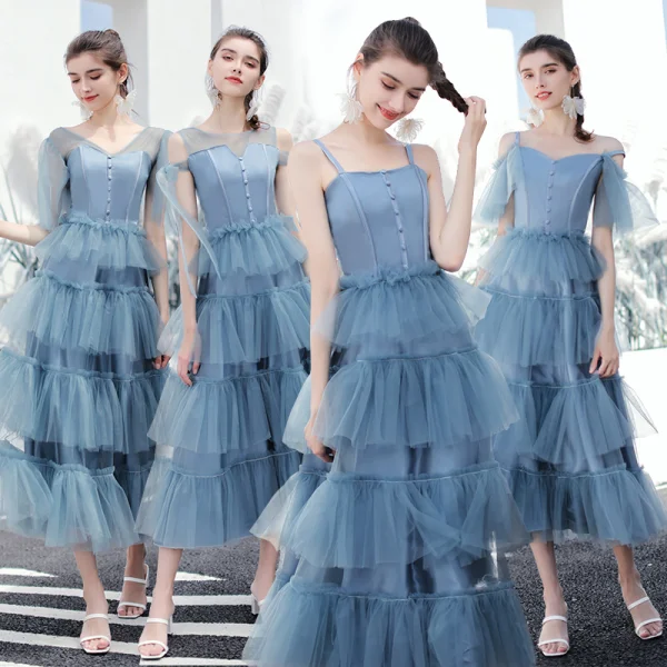 Moderne / Mode Océan Bleu Robe Demoiselle D'honneur 2019 Princesse Thé Longueur Volants en Cascade Dos Nu Robe Pour Mariage