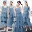 Moderne / Mode Océan Bleu Robe Demoiselle D'honneur 2019 Princesse Thé Longueur Volants en Cascade Dos Nu Robe Pour Mariage