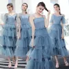 Modern / Fashion Ocean Blue Bridesmaid Dresses 2019 A-Line / Princess Tea-length Cascading Ruffles Backless Wedding Party Dresses