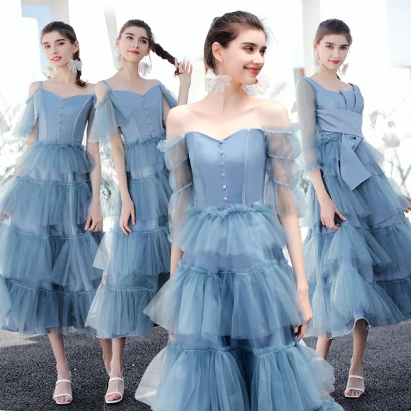 Moderne / Mode Océan Bleu Robe Demoiselle D'honneur 2019 Princesse Thé Longueur Volants en Cascade Dos Nu Robe Pour Mariage