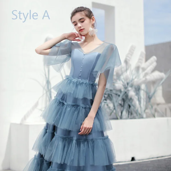 Moderne / Mode Océan Bleu Robe Demoiselle D'honneur 2019 Princesse Thé Longueur Volants en Cascade Dos Nu Robe Pour Mariage