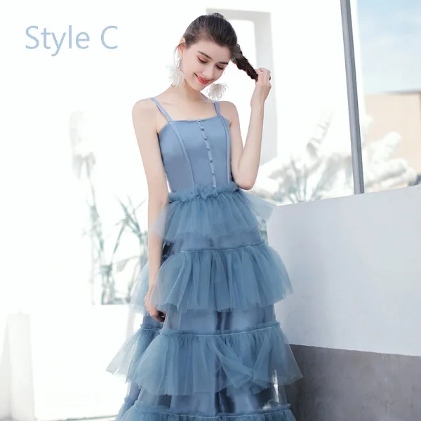 Moderne / Mode Océan Bleu Robe Demoiselle D'honneur 2019 Princesse Thé Longueur Volants en Cascade Dos Nu Robe Pour Mariage