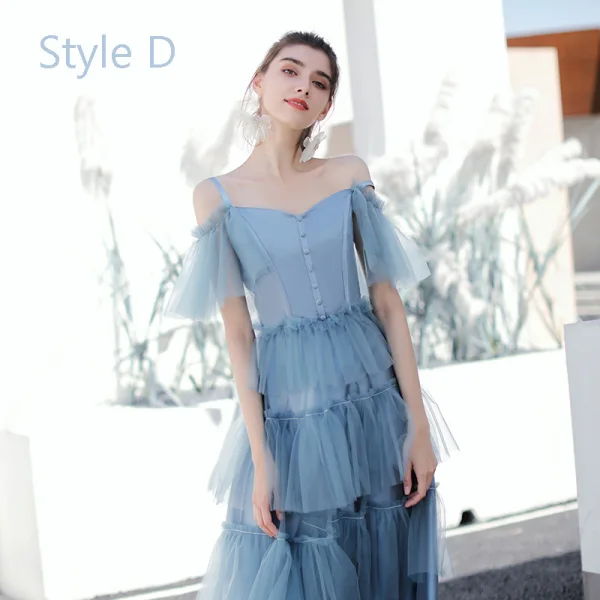 Moderne / Mode Océan Bleu Robe Demoiselle D'honneur 2019 Princesse Thé Longueur Volants en Cascade Dos Nu Robe Pour Mariage