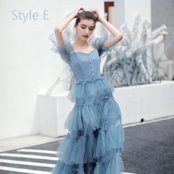 Moderne / Mode Océan Bleu Robe Demoiselle D'honneur 2019 Princesse Thé Longueur Volants en Cascade Dos Nu Robe Pour Mariage