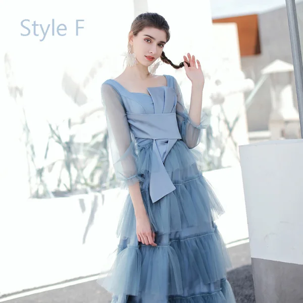 Moderne / Mode Océan Bleu Robe Demoiselle D'honneur 2019 Princesse Thé Longueur Volants en Cascade Dos Nu Robe Pour Mariage