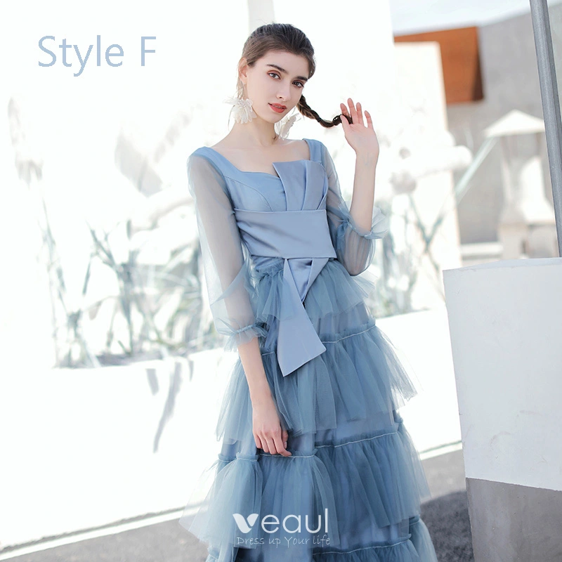 Modern Fashion Ocean Blue Bridesmaid Dresses 2019 A Line Princess Tea length Cascading Ruffles Backless Wedding