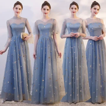 Chic Beautiful Sky Blue See Through Bridesmaid Dresses 2019 A Line Princess Star Sequins Appliques Lace Floor Length Long Ruffle Backless Wedding Party Dresses
