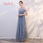 Chic / Belle Bleu Ciel Transparentes Robe Demoiselle D'honneur 2019 Princesse Étoile Paillettes Appliques En Dentelle Longue Volants Dos Nu Robe Pour Mariage
