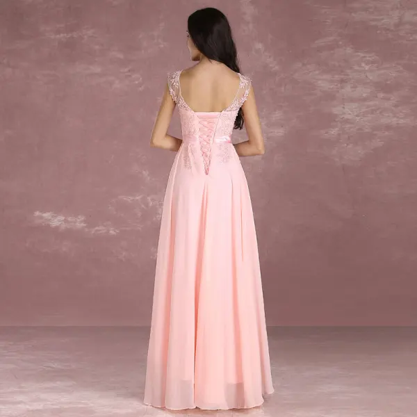 Modern / Fashion Pearl Pink Bridesmaid Dresses 2018 A-Line / Princess Scoop Neck Sleeveless Appliques Lace Sash Floor-Length / Long Backless Wedding Party Dresses