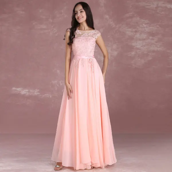 Modern / Fashion Pearl Pink Bridesmaid Dresses 2018 A-Line / Princess Scoop Neck Sleeveless Appliques Lace Sash Floor-Length / Long Backless Wedding Party Dresses