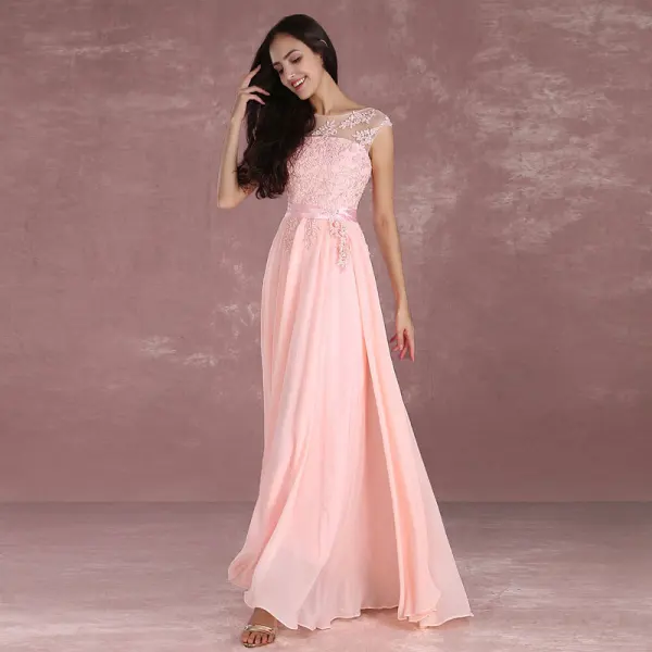 Modern / Fashion Pearl Pink Bridesmaid Dresses 2018 A-Line / Princess Scoop Neck Sleeveless Appliques Lace Sash Floor-Length / Long Backless Wedding Party Dresses