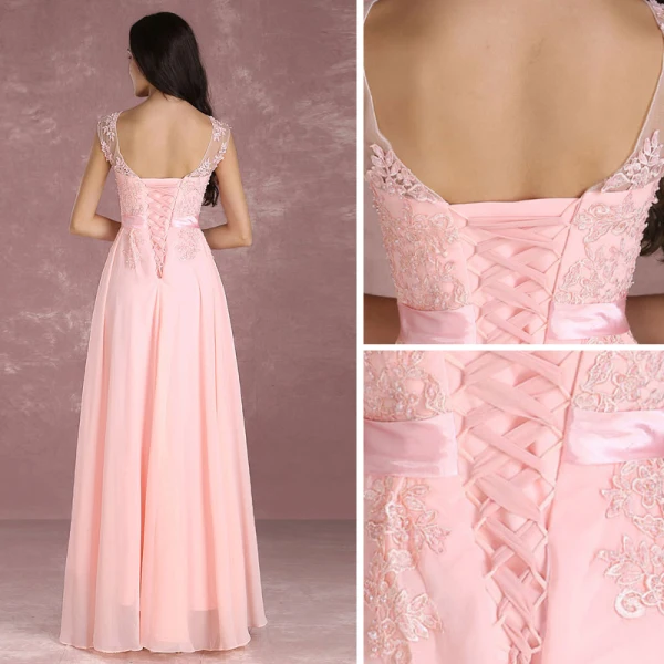 Modern / Fashion Pearl Pink Bridesmaid Dresses 2018 A-Line / Princess Scoop Neck Sleeveless Appliques Lace Sash Floor-Length / Long Backless Wedding Party Dresses
