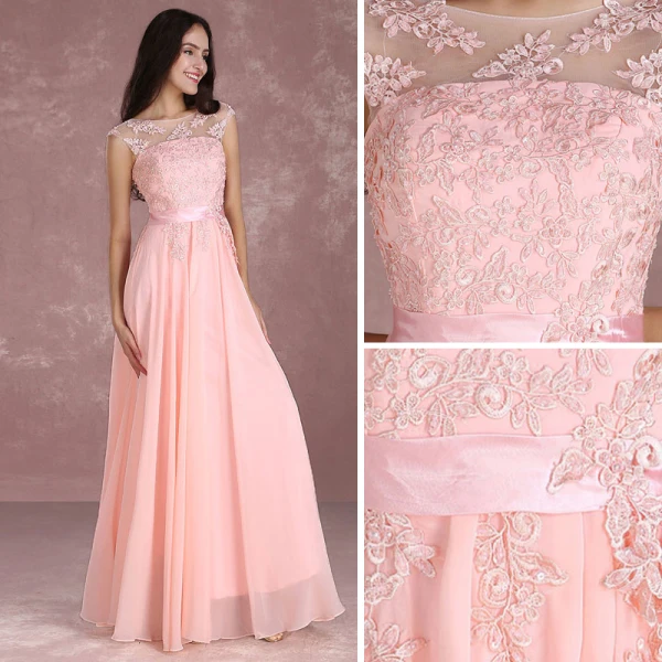 Modern / Fashion Pearl Pink Bridesmaid Dresses 2018 A-Line / Princess Scoop Neck Sleeveless Appliques Lace Sash Floor-Length / Long Backless Wedding Party Dresses
