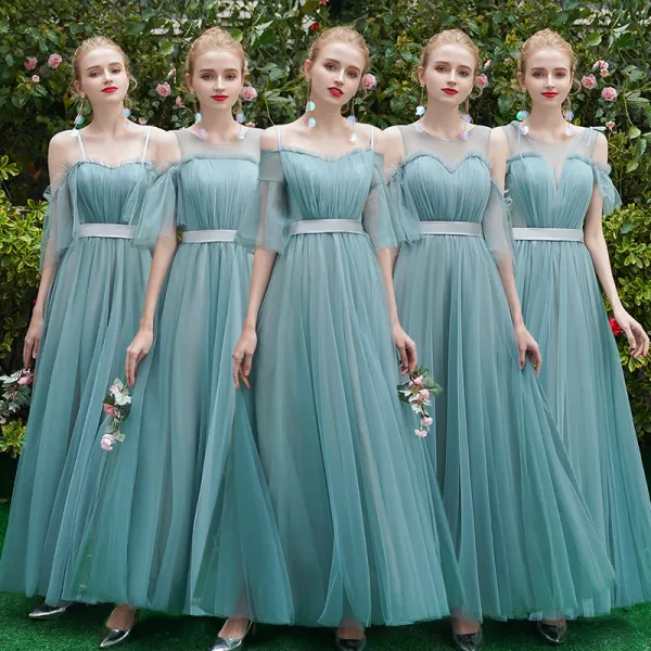 Elegant Jade Green Bridesmaid Dresses 2019 A-Line / Princess Sash Floor-Length / Long Ruffle Backless Wedding Party Dresses