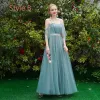 Elegant Jade Green Bridesmaid Dresses 2019 A-Line / Princess Sash Floor-Length / Long Ruffle Backless Wedding Party Dresses