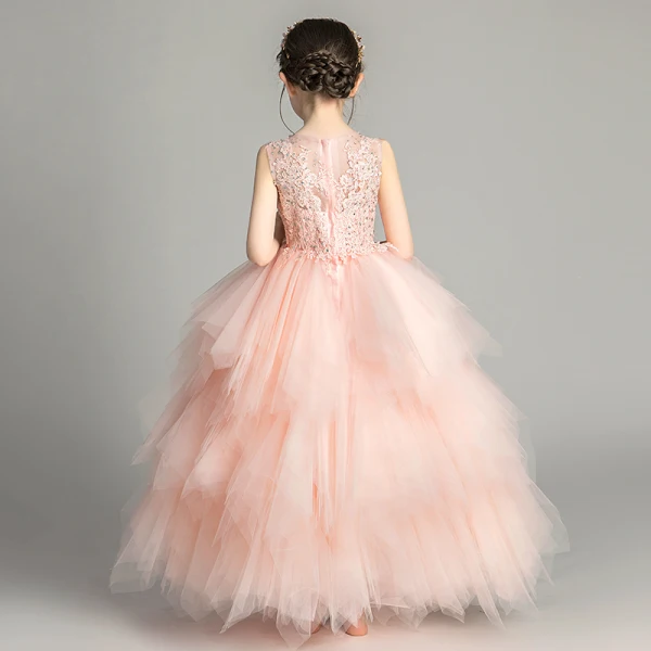 Chic / Belle Perle Rose Transparentes Robe Ceremonie Fille 2019 Robe Boule Encolure Dégagée Sans Manches Appliques En Dentelle Faux Diamant Longue Volants en Cascade Dos Nu Robe Pour Mariage