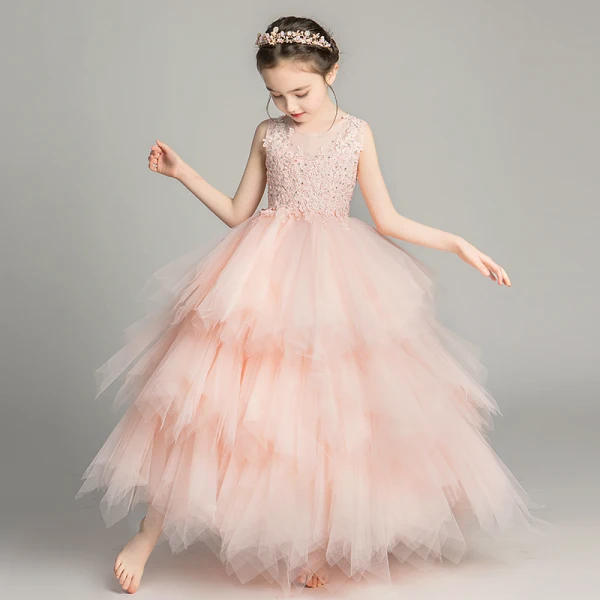 Chic / Belle Perle Rose Transparentes Robe Ceremonie Fille 2019 Robe Boule Encolure Dégagée Sans Manches Appliques En Dentelle Faux Diamant Longue Volants en Cascade Dos Nu Robe Pour Mariage