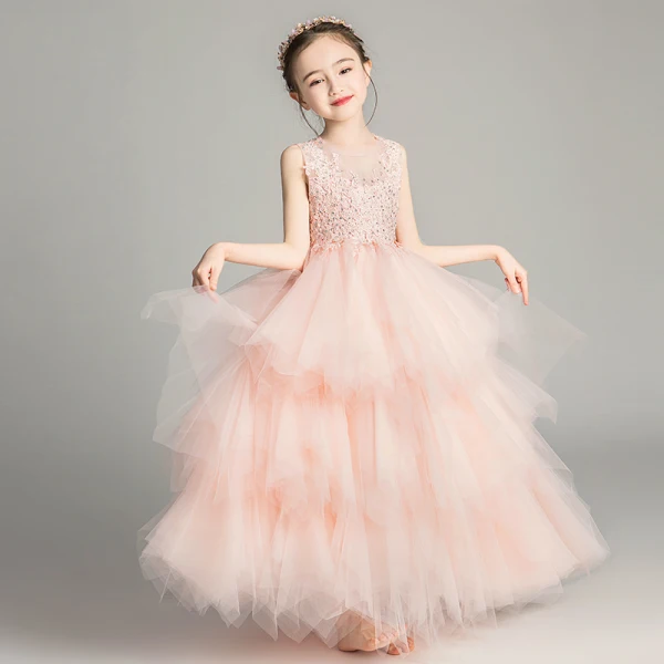 Chic / Belle Perle Rose Transparentes Robe Ceremonie Fille 2019 Robe Boule Encolure Dégagée Sans Manches Appliques En Dentelle Faux Diamant Longue Volants en Cascade Dos Nu Robe Pour Mariage