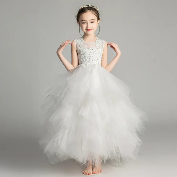 Chic / Belle Perle Rose Transparentes Robe Ceremonie Fille 2019 Robe Boule Encolure Dégagée Sans Manches Appliques En Dentelle Faux Diamant Longue Volants en Cascade Dos Nu Robe Pour Mariage