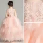 Chic / Belle Perle Rose Transparentes Robe Ceremonie Fille 2019 Robe Boule Encolure Dégagée Sans Manches Appliques En Dentelle Faux Diamant Longue Volants en Cascade Dos Nu Robe Pour Mariage