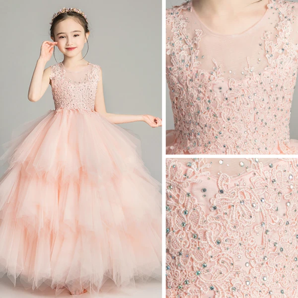 Chic / Belle Perle Rose Transparentes Robe Ceremonie Fille 2019 Robe Boule Encolure Dégagée Sans Manches Appliques En Dentelle Faux Diamant Longue Volants en Cascade Dos Nu Robe Pour Mariage
