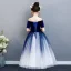 Elegant Navy Blue Gradient-Color Suede Flower Girl Dresses 2019 Ball Gown Off-The-Shoulder Short Sleeve Floor-Length / Long Ruffle Backless Wedding Party Dresses