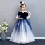 Elegant Navy Blue Gradient-Color Suede Flower Girl Dresses 2019 Ball Gown Off-The-Shoulder Short Sleeve Floor-Length / Long Ruffle Backless Wedding Party Dresses