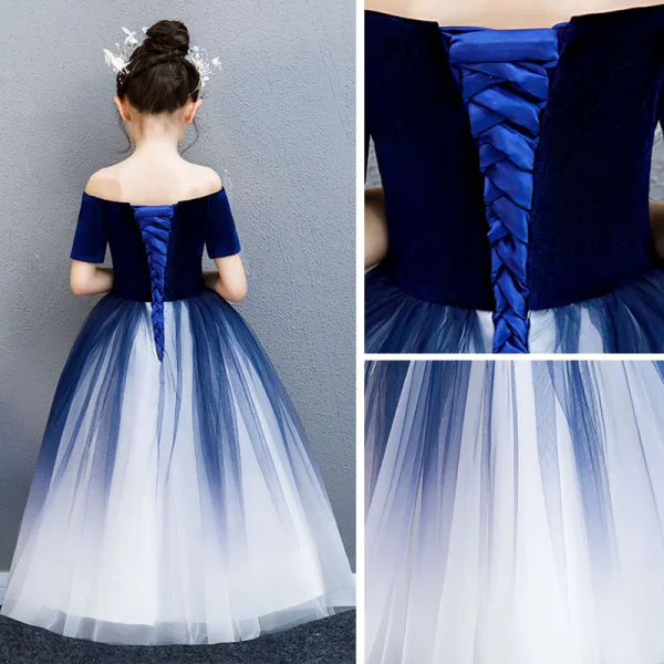 Elegant Navy Blue Gradient-Color Suede Flower Girl Dresses 2019 Ball Gown Off-The-Shoulder Short Sleeve Floor-Length / Long Ruffle Backless Wedding Party Dresses
