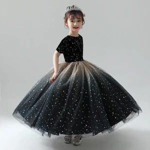 Chic Belle Noire Robe Ceremonie Fille 2019 Robe Boule Encolure Dégagée Manches Courtes Étoile Brodé Glitter Tulle Longue Volants Robe Pour Mariage