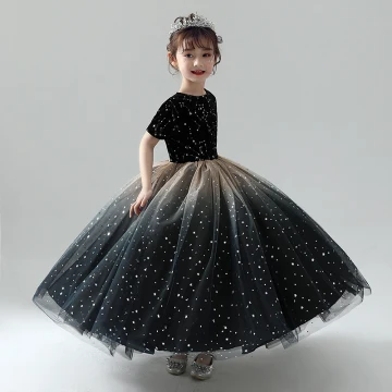 Chic Belle Noire Robe Ceremonie Fille 2019 Robe Boule Encolure Dégagée Manches Courtes Étoile Brodé Glitter Tulle Longue Volants Robe Pour Mariage