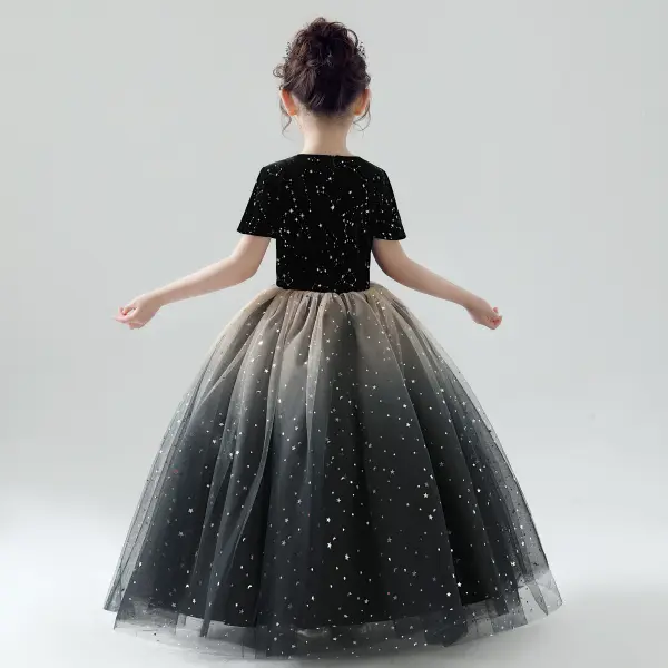 Chic / Beautiful Black Flower Girl Dresses 2019 Ball Gown Scoop Neck Short Sleeve Star Embroidered Glitter Tulle Floor-Length / Long Ruffle Wedding Party Dresses