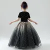 Chic / Beautiful Black Flower Girl Dresses 2019 Ball Gown Scoop Neck Short Sleeve Star Embroidered Glitter Tulle Floor-Length / Long Ruffle Wedding Party Dresses