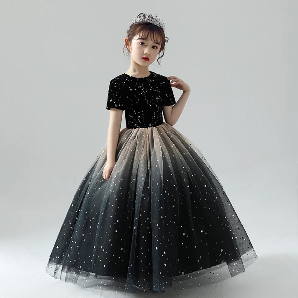Chic / Beautiful Black Flower Girl Dresses 2019 Ball Gown Scoop Neck Short Sleeve Star Embroidered Glitter Tulle Floor-Length / Long Ruffle Wedding Party Dresses