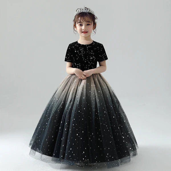 Chic / Beautiful Black Flower Girl Dresses 2019 Ball Gown Scoop Neck Short Sleeve Star Embroidered Glitter Tulle Floor-Length / Long Ruffle Wedding Party Dresses