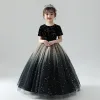 Chic / Beautiful Black Flower Girl Dresses 2019 Ball Gown Scoop Neck Short Sleeve Star Embroidered Glitter Tulle Floor-Length / Long Ruffle Wedding Party Dresses