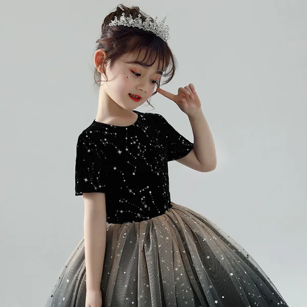 Chic / Beautiful Black Flower Girl Dresses 2019 Ball Gown Scoop Neck Short Sleeve Star Embroidered Glitter Tulle Floor-Length / Long Ruffle Wedding Party Dresses