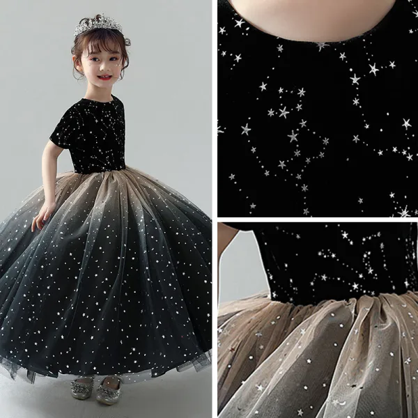 Chic / Beautiful Black Flower Girl Dresses 2019 Ball Gown Scoop Neck Short Sleeve Star Embroidered Glitter Tulle Floor-Length / Long Ruffle Wedding Party Dresses