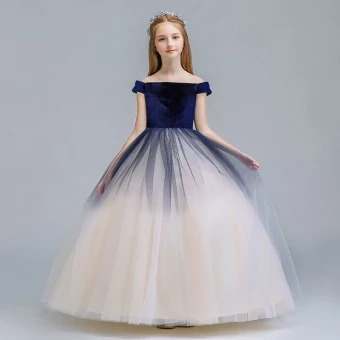 Chic Belle Bleu Marine Champagne Dégradé De Couleur Daim Robe Ceremonie Fille 2019 Princesse De L 039 Épaule Manches Courtes Longue Volants Dos Nu Robe Pour Mariage
